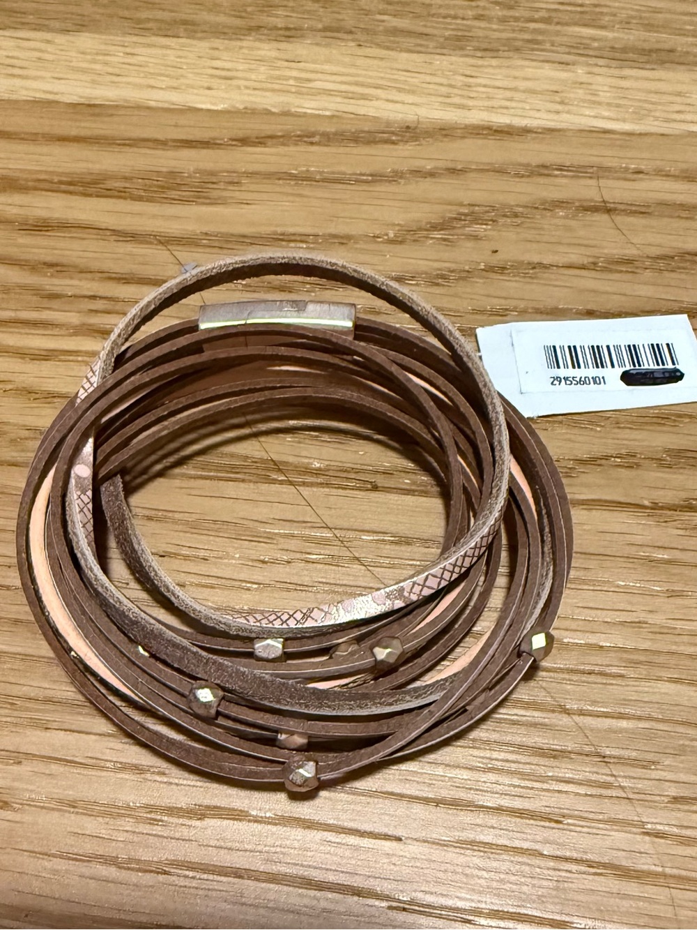 Multi-Strand Brown Leather Wrap Bracelet with Metallic Accents